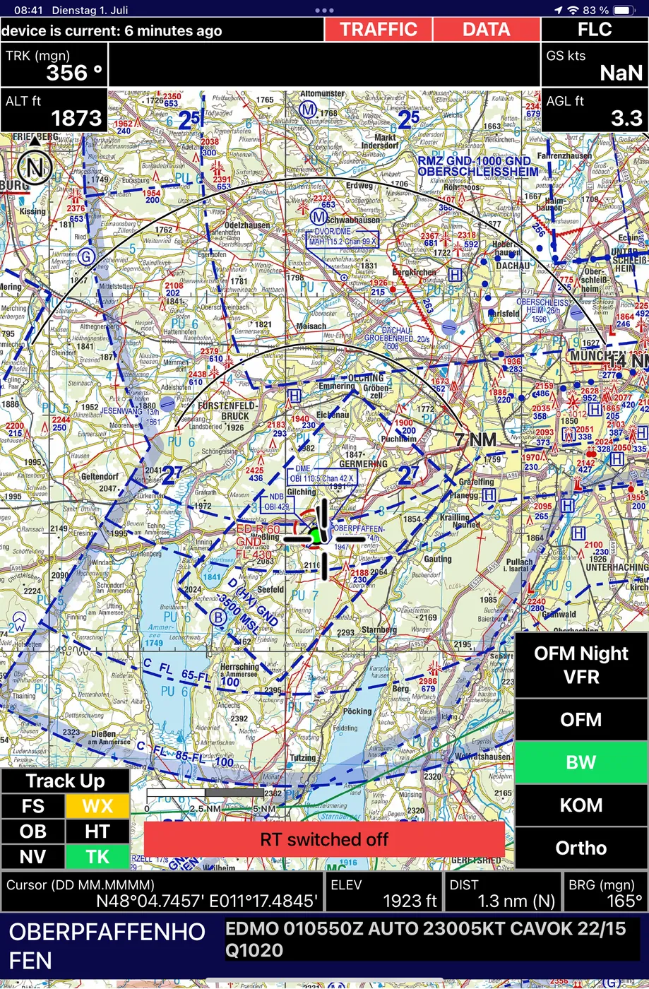 NavPad mit amtlichem ICAO-Kartenlayer und Luftraumdarstellung. © Neway