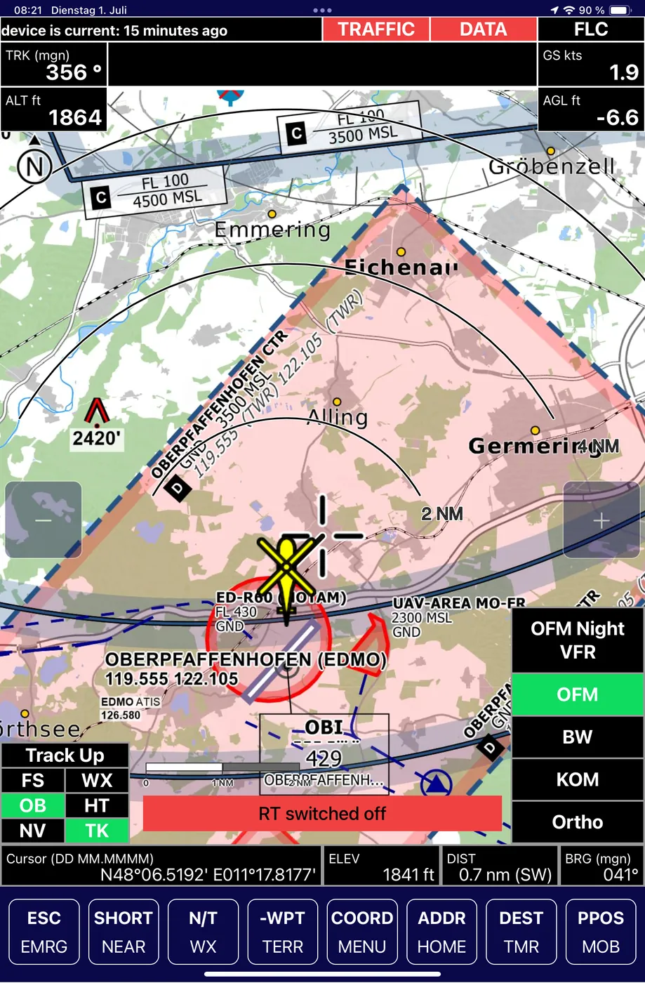 NavPad Moving Map mit Open-Flight-Maps-Layer, Luftraum und Hindernissen. © Neway