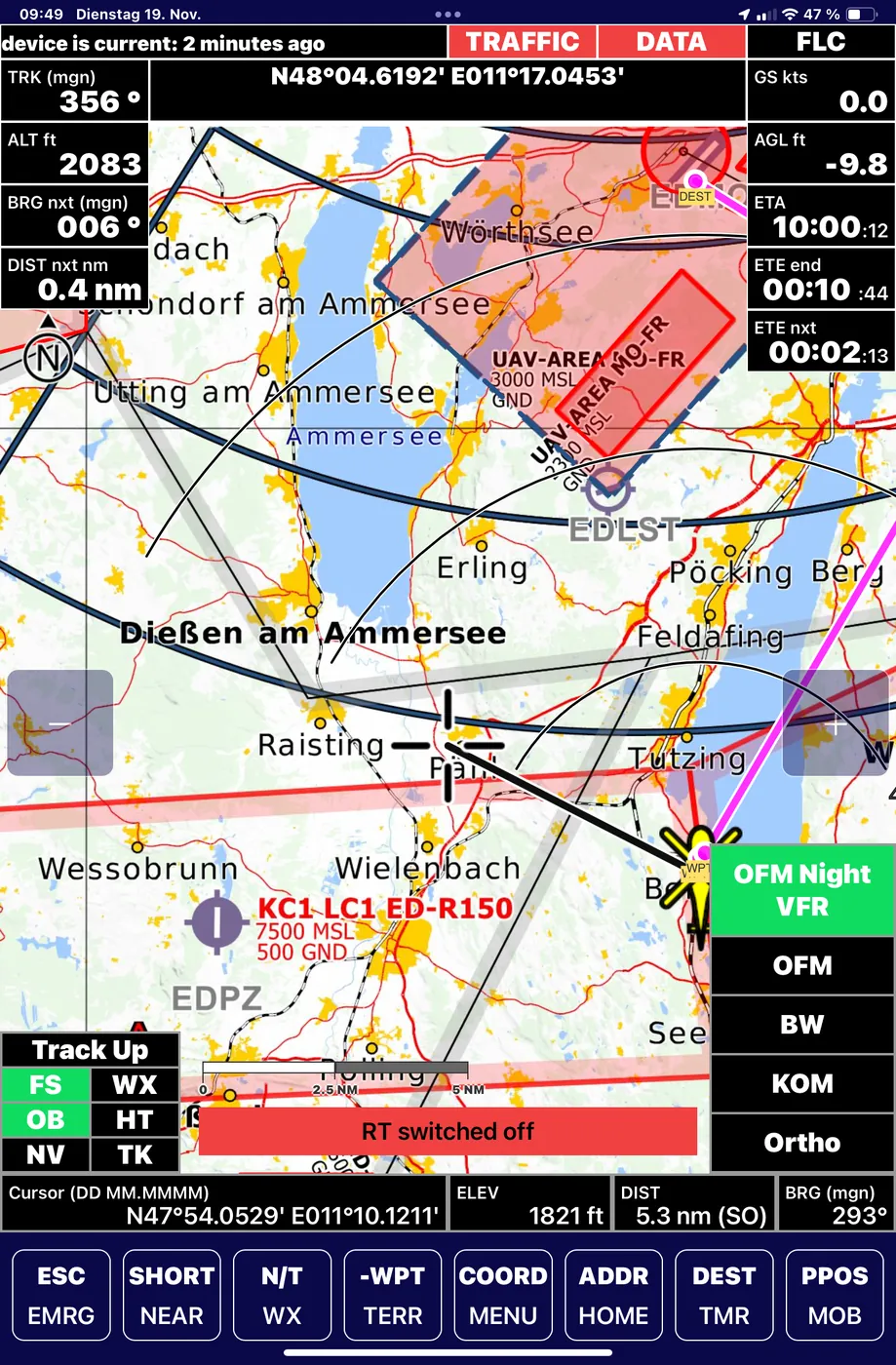 NavPad mit Nacht-VFR-Kartenlayer fuer den Einsatz bei Dunkelheit. © Neway