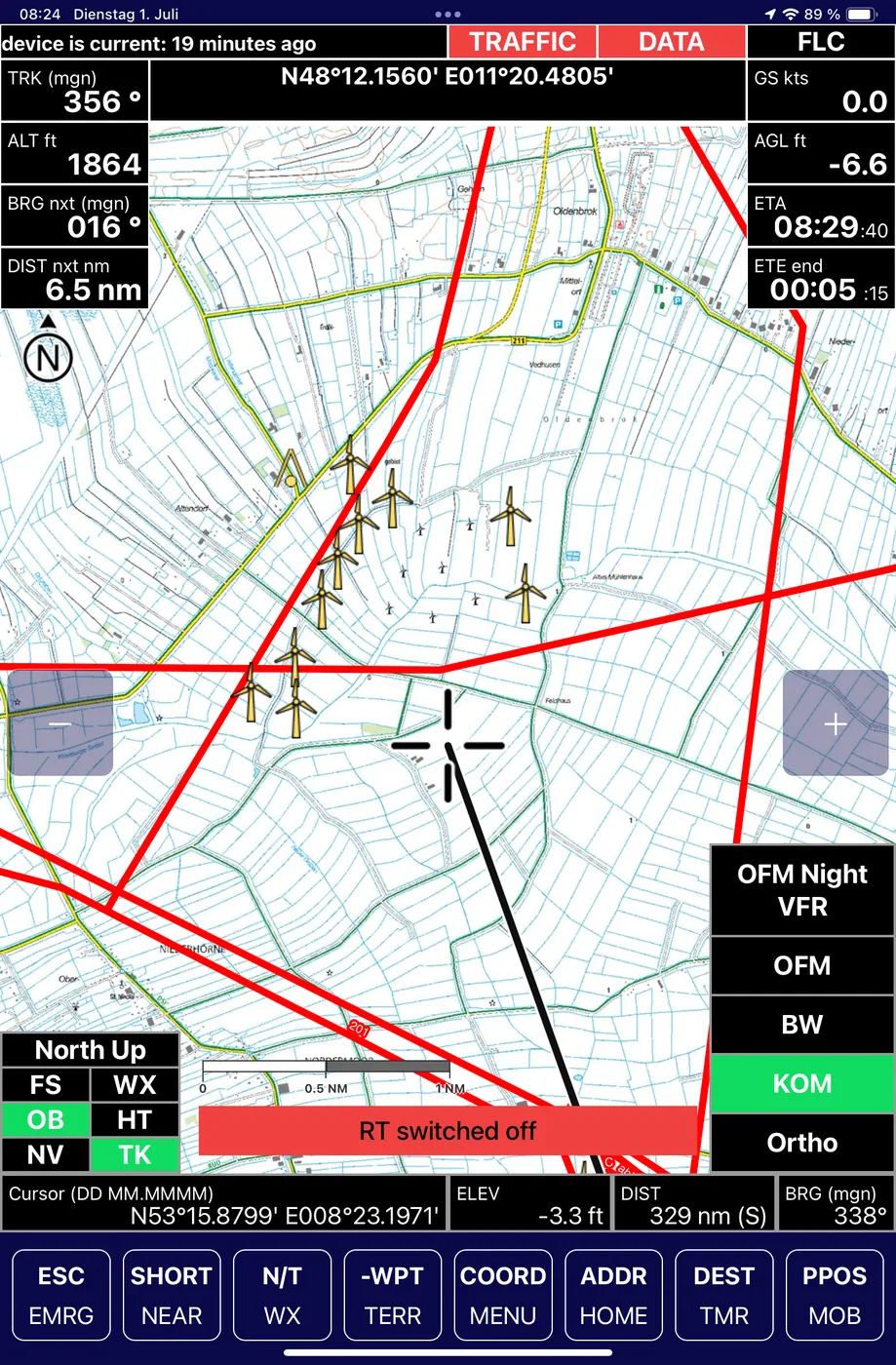 NavPad mit Windpark-Datenbank und Hindernisdarstellung. © Neway