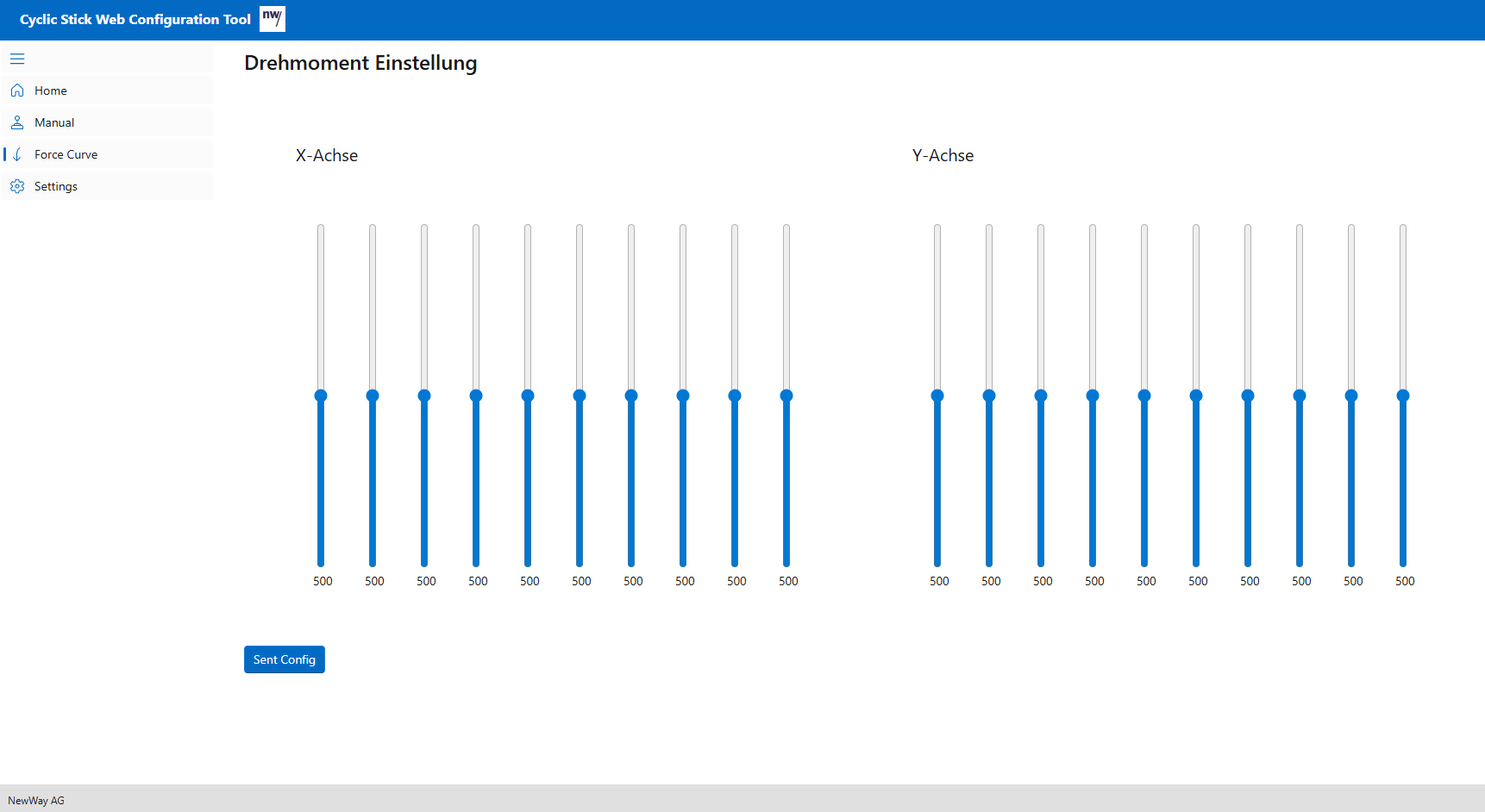 Neway Web-Konfigurationstool: Kraftkurven-Einstellung getrennt für X- und Y-Achse. © Neway